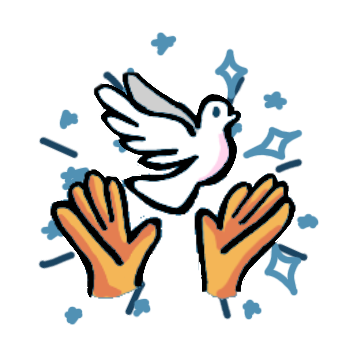 two yellow hands have let go of a white dove, the dove is in flight above the hands. Around the image are blue stars and little streaks.